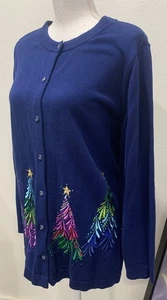 Quacker Factory Sweater XL Embroider Sequin Stud Christmas Tree BLUE A284434 - Picture 1 of 19