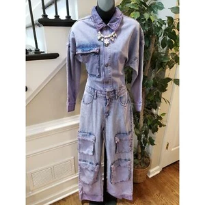 Nasty Gal Jumpsuit Womens Size 6 Blue Denim Pocket Detail Acid Wash Button Front - Picture 1 of 18