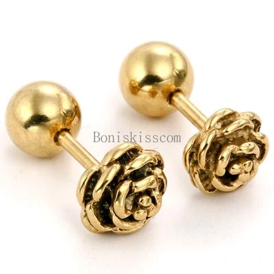 Charm Rose Flower Shape Stainless Steel Stud Earrings Bead Ball Screw Back - Image 1 of 4
