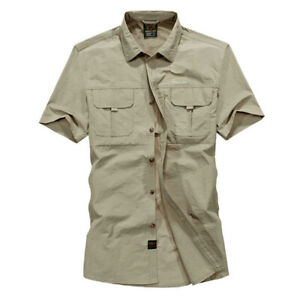 Men Military Army Shirt Short Sleeve T-Shirt Cargo Button Down Tops Slim Casual