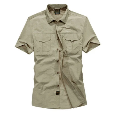 Hommes Militaire Armée Chemise Manches Courtes T-Shirt Cargo Boutonné Haut Slim - Photo 1/4