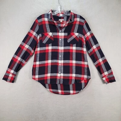 Blusa clásica de franela Merona para mujer talla M azul algodón con cuello a cuadros alta baja Foto 1 de 4