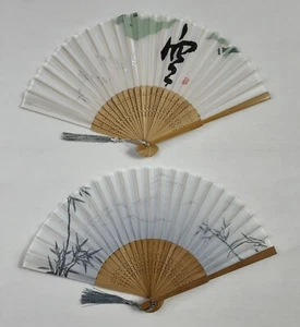 New, Set of 10 White & Silver Japanese Themed Hand Fans (8x14”) - Picture 1 of 6