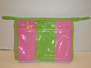 PINK AND GREEN PLASTIC COVERED UNIVERSAL ORGANIZER BAG W WOODEN PULLS CUTE - Picture 1 of 3