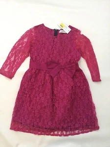 ATUN Mädchen fuchsia Langarm Spitzenkleid vorne Schleife Reißverschluss hinten gefüttert Größe 6-7 Y - Bild 1 von 6