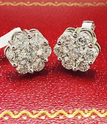 14k solid  white gold diamond  stud earring  cluster 1.25 ct   - Image 1 of 4