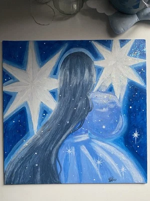 Pintura de fantasía de princesa celestial sosteniendo estrella en tablero de lienzo 12x12 Foto 1 de 4