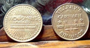 WOODMAN'S MARKET EMPLOYEED OWNED CAR WASH TOKEN & TILLERY SIN VALOR CAR WASH TOK - Picture 1 of 2