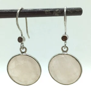 Rose Quartz Earrings Garnet Bezel Pierced Hook Sterling Silver 925 - Picture 1 of 10