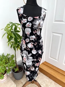 Boohoo Dress UK 10 Black Floral Pencil Bodycon Midi Stretch Wedding Guest - Picture 1 of 12