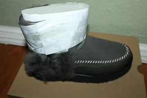 UGG FLUFF PUNK TOSCANA OLIVE BLACK FUR ZIP ANKLE MINI BOOTS SIZE US 7 WOMEN NIB - Picture 1 of 9