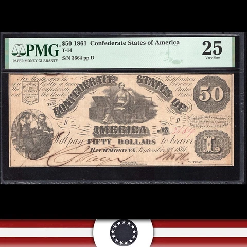 T-14 1861 $50 CONFEDERATE CURRENCY PMG 25  *CIVIL WAR NOTE*  3664-FZ Cover