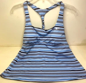 Nike Essential Square Neck Logo Swim Tankini Top Blue Striped Women's size Large - Picture 1 of 5