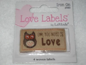 PRIMITIVE SET 4 OWL YOU NEED IS LOVE POLYESTER LABELS IRON ON MADE BY - Picture 1 of 1
