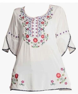 Mexican Shirts Peasant Blouses Cotton Embroidered 3/4 Sleeve Bohemian Tops - Picture 1 of 2