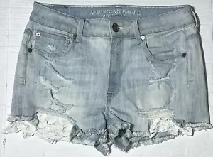 American Eagle Blue Lace Hi Rise Stretch Distressed Shortie Denim Jean Shorts 8 - Picture 1 of 8