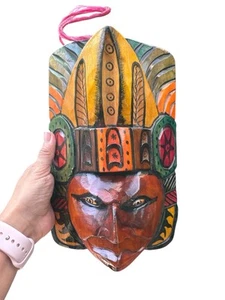 Hand Carved Hand Painted Wood Mayan Aztec Warrior Mask - Picture 1 of 2