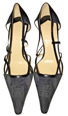 Винтажный Givenchy черный с монограммой заостренный носок слинга котенок каблуки размер 37 - Изображение 1 из 4