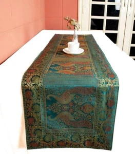 Green & Golden Elephant Silk Table Runner Indian Ethnic Floral Design Home Decor - Picture 1 of 8
