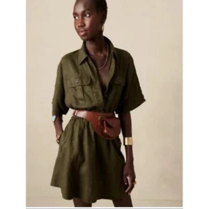 Banana Republic Dress 100% Linen Womens Sz XS Olive Green Short Sleeve Utility - Picture 1 of 8