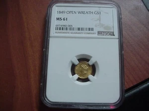 1849 $1 $1.00 GOLD TYPE 1 LIBERTY OPEN WREATH COIN NO L REV DIE CRACK MS 61 NGC - Picture 1 of 6