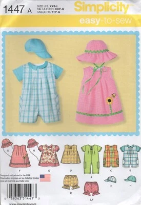 Simplicity Sewing Pattern 1447 EASY Dress Romper Top Panties Cap & Hat Baby NEW - Image 1 of 4