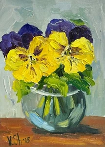 Blühende Blumen Stiefmütterchen Wildblumen Gemälde Original Blumen Öl Impasto Kunst 5x7 - Bild 1 von 7