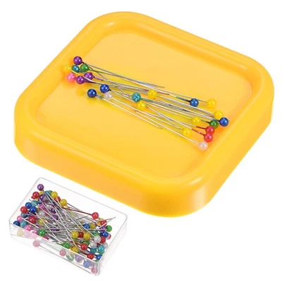 Magnetic Pin Cushion Square Shape with 100pcs Plastic Head Pins, Yellow Foto 1 de 4