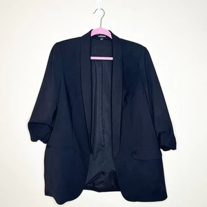 Express Ruched Sleeve Boyfriend Longline Blazer Open Front Black Relaxed Large - Picture 1 of 8