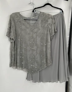 Roaman's Two Piece Dress Set Womens 24W Silver Shimmer Beaded Silk Top Skirt - Picture 1 of 15