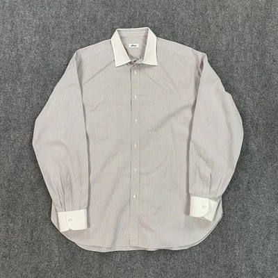 Camisa masculina Brioni 17,5 44 listras brancas contraste colarinho punho vestido Itália - Imagem 1 de 4