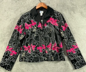 CHICOS Tamatha Jacket Womens Black Satin Silk Pink Floral Jacket Size Medium NWT - Picture 1 of 15