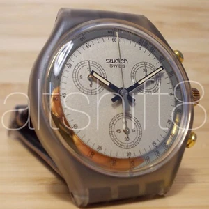 SWATCH CHRONO SCM100 GOLDFINGER 1991 PELLE MARRONE ORO BROWN LEATHER BAND GOLD - Foto 1 di 10