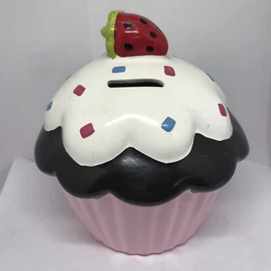 Large Ceramic Frosted Cupcake with Strawberry Top Coin Bank Vintage Birthday - Picture 1 of 3