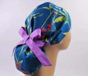 Scrub hat, nurse scrub cap, womens surgical hat, floral bug ponytail scrub cap  - Picture 1 of 3