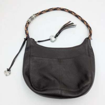 BRIGHTON Barbados Pebbled Ziptop Leather Shoulder Hobo Bag Brown - Image 1 of 4