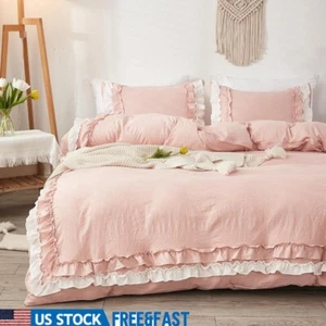 Pink Duvet Cover Set Ruffle Bedding Ultra Soft Microfiber Zipper Easy Care New - Picture 1 of 9