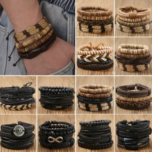 Multilayer Punk Men Bracelets Set Leather Wrap Braided Wristband Bangle Jewelry - Picture 1 of 45