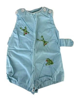 Antiguo traje de bebé de verano vintage azul sin mangas con ranas verdes Foto 1 de 2