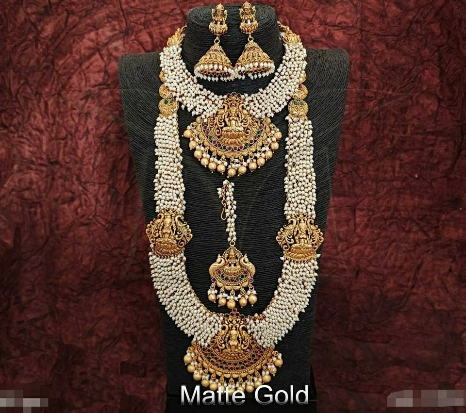 Bollywood Style South Indian Matt Finish Gold Plated Haram Choker Jewelry Set - Image 1 of 4