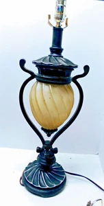 Vintage 26" Tall Black Gray Wrought Iron & Frosted Glass Footed Table Lamp - Picture 1 of 13