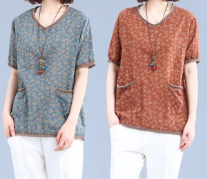 Mujer Top Suave Algodón/Lino Floral Blusa Mangas Cortas Ropa Verano Camiseta - Imagen 1 de 13