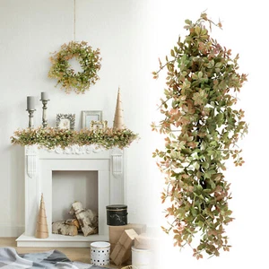 Patio Artificial Hanging Garland Faux Ivy Leaves Plants Vines, Green With Pink - Picture 1 of 7