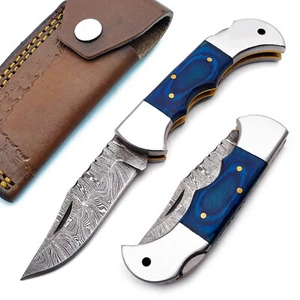 Damascus handmade Back Lock Folding Pocket Knife Camping Blue pakka wood knife - Picture 1 of 8