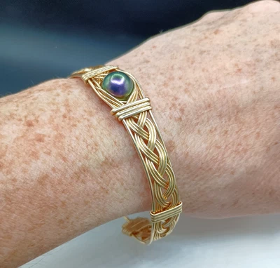 Braid Design Tahitian Pearl Cuff Bracelet Brass Gold Tone Unisex Size 8" - Image 1 of 4