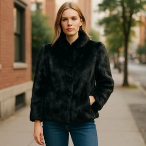 Chaqueta Abrigo De Colección Años 80 Piel De Conejo Negro Para Mujer Talla Hecha en Hong Kong - Imagen 1 de 11