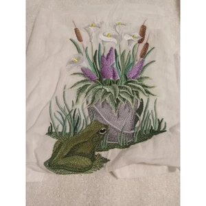 Frosch Stickerei Deko Leinen Tuch Lilie Rohrkolben Blumen Kunst - Bild 1 von 1