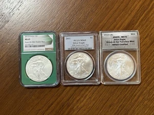 Lot of 3 ASE Silver Eagles PCGS NGC ANACS MS69 MS70 Green Core 2013 2011 - Picture 1 of 8