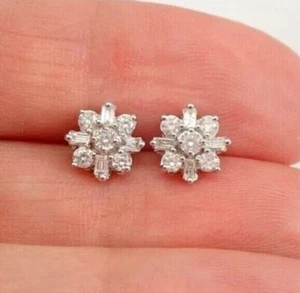 Round Cut Simulated Diamond Pretty Flower Stud Earrings In 14k White Gold Plated - Picture 1 of 9