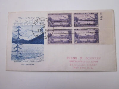 US FDC FIRST DAY COVER #800 TERRITORAL ALASKA PLATE BLOCK 21714 GRIMSLAND CACHET - Image 1 of 3
